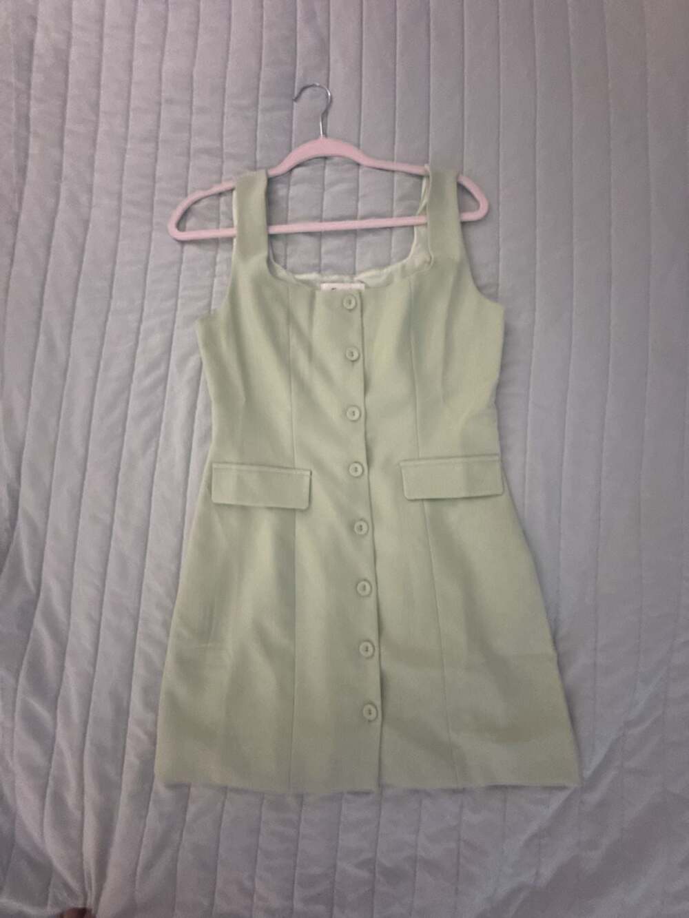 B.right Sage Green Square Neck Button Front Mini Dress with Pockets
